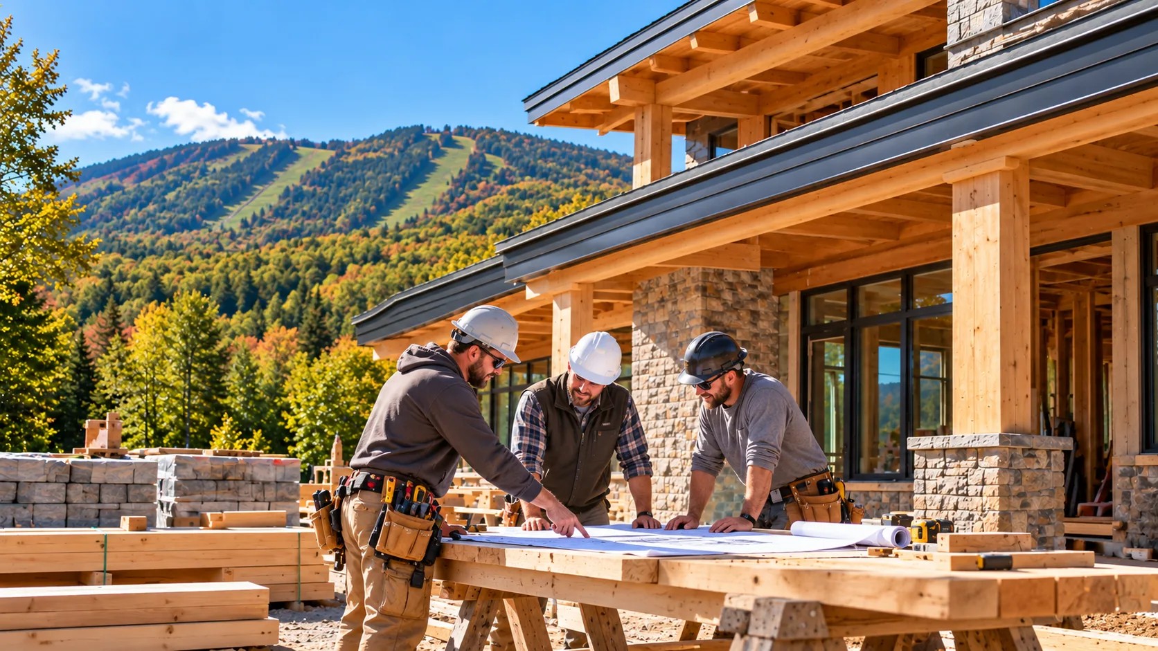 General contracting construction project in Vermont with active carpentry and building work