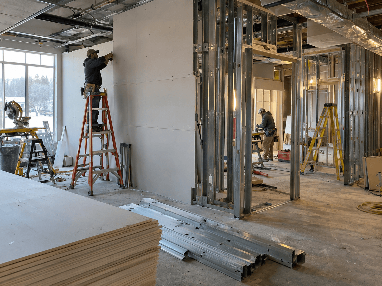 Commercial interior build-out in progress with metal framing and tradespeople
